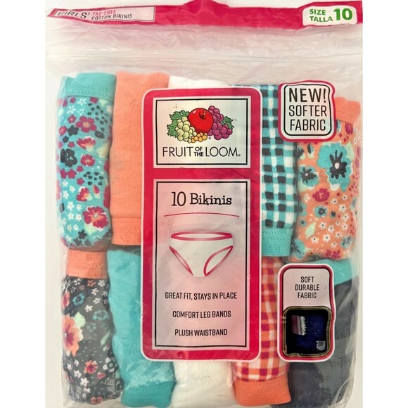 Girls Fruit of the Loom Cotton Bikinis, 10 Pack, Size 10 - Picture 4 of 4